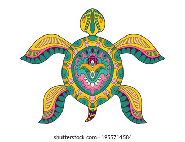 Caricatura decorativa de tortugas de doodle. Tótem tribal, elemento aislado para el libro de recortes, tarjeta de invitación, diseño de portada de libros, impresión de tela textil. Tortuga marina colorida sobre fondo blanco