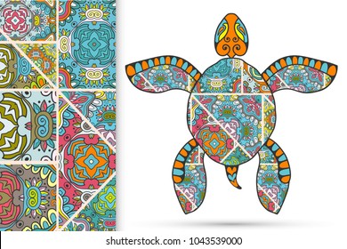 Decorative doodle turtle with ornament and colorful patchwork quilt pattern. Tribal totem animal, isolated element for scrapbook, invitation card, book cover design, textile fabric print