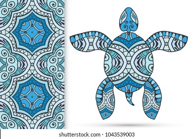 Decorative doodle turtle with ornament and colorful seamless hand drawn pattern. Tribal totem animal, isolated element for scrapbook, invitation card, book cover design, textile fabric print