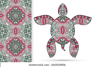 Decorative doodle turtle with ornament and colorful seamless hand drawn pattern. Tribal totem animal, isolated element for scrapbook, invitation card, book cover design, textile fabric print