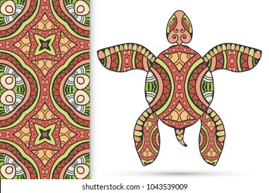 Decorative doodle turtle with ornament and colorful seamless hand drawn pattern. Tribal totem animal, isolated element for scrapbook, invitation card, book cover design, textile fabric print