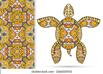 Decorative doodle turtle with ornament and colorful seamless hand drawn pattern. Tribal totem animal, isolated element for scrapbook, invitation card, book cover design, textile fabric print