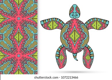 Decorative doodle turtle with ornament and colorful seamless hand drawn pattern. Tribal totem animal, isolated element for scrapbook, invitation card, book cover design, textile fabric print