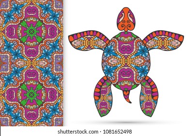 Decorative doodle turtle with ornament and colorful seamless hand drawn pattern. Tribal totem animal, isolated element for scrapbook, invitation card, book cover design, textile fabric print