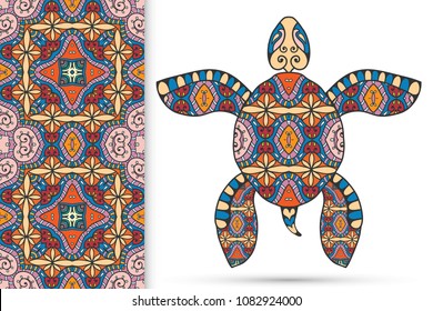 Decorative doodle turtle with ornament and colorful seamless hand drawn pattern. Tribal totem animal, isolated element for scrapbook, invitation card, book cover design, textile fabric print