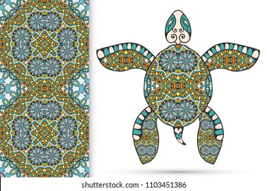 Decorative doodle turtle with ornament and colorful seamless hand drawn pattern. Tribal totem animal, isolated element for scrapbook, invitation card, book cover design, textile fabric print