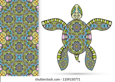 Decorative doodle turtle with ornament and colorful seamless hand drawn pattern. Tribal totem animal, isolated element for scrapbook, invitation card, book cover design, textile fabric print