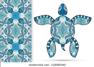 Decorative doodle turtle with ornament and colorful seamless hand drawn pattern. Tribal totem animal, isolated element for scrapbook, invitation card, book cover design, textile fabric print