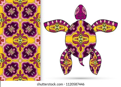 Decorative doodle turtle with ornament and colorful seamless hand drawn pattern. Tribal totem animal, isolated element for scrapbook, invitation card, book cover design, textile fabric print