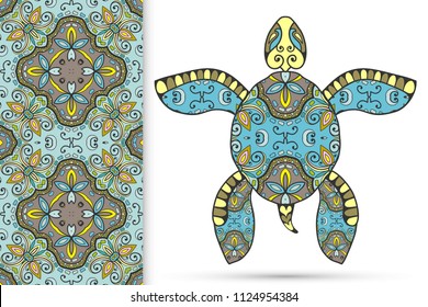 Decorative doodle turtle with ornament and colorful seamless hand drawn pattern. Tribal totem animal, isolated element for scrapbook, invitation card, book cover design, textile fabric print