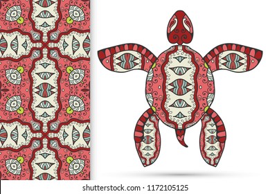 Decorative doodle turtle with ornament and colorful seamless hand drawn pattern. Tribal totem animal, isolated element for scrapbook, invitation card, book cover design, textile fabric print