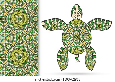 Decorative doodle turtle with ornament and colorful seamless hand drawn pattern. Tribal totem animal, isolated element for scrapbook, invitation card, book cover design, textile fabric print