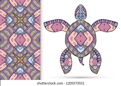 Decorative doodle turtle with ornament and colorful seamless hand drawn pattern. Tribal totem animal, isolated element for scrapbook, invitation card, book cover design, textile fabric print