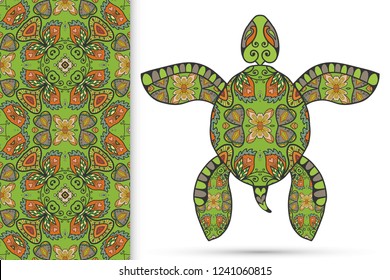 Decorative doodle turtle with ornament and colorful seamless hand drawn pattern. Tribal totem animal, isolated element for scrapbook, invitation card, book cover design, textile fabric print