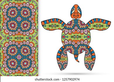 Decorative doodle turtle with ornament and colorful seamless hand drawn pattern. Tribal totem animal, isolated element for scrapbook, invitation card, book cover design, textile fabric print