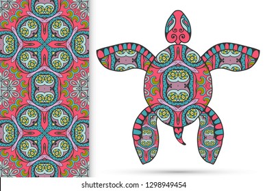 Decorative doodle turtle with ornament and colorful seamless hand drawn pattern. Tribal totem animal, isolated element for scrapbook, invitation card, book cover design, textile fabric print
