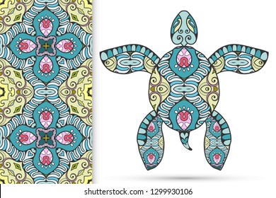 Decorative doodle turtle with ornament and colorful seamless hand drawn pattern. Tribal totem animal, isolated element for scrapbook, invitation card, book cover design, textile fabric print