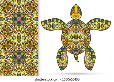 Decorative doodle turtle with ornament and colorful seamless hand drawn pattern. Tribal totem animal, isolated element for scrapbook, invitation card, book cover design, textile fabric print