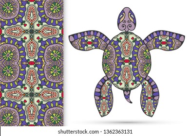 Decorative doodle turtle with ornament and colorful seamless hand drawn pattern. Tribal totem animal, isolated element for scrapbook, invitation card, book cover design, textile fabric print