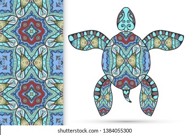 Decorative doodle turtle with ornament and colorful seamless hand drawn pattern. Tribal totem animal, isolated element for scrapbook, invitation card, book cover design, textile fabric print