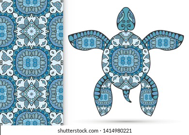 Decorative doodle turtle with ornament and colorful seamless hand drawn pattern. Tribal totem animal, isolated element for scrapbook, invitation card, book cover design, textile fabric print