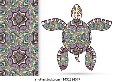 Decorative doodle turtle with ornament and colorful seamless hand drawn pattern. Tribal totem animal, isolated element for scrapbook, invitation card, book cover design, textile fabric print
