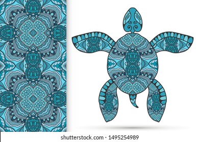 Decorative doodle turtle with ornament and colorful seamless hand drawn pattern. Tribal totem animal, isolated element for scrapbook, invitation card, book cover design, textile fabric print