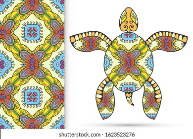 Decorative doodle turtle with ornament and colorful seamless hand drawn pattern. Tribal totem animal, isolated element for scrapbook, invitation card, book cover design, textile fabric print