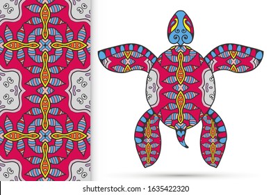 Decorative doodle turtle with ornament and colorful seamless hand drawn pattern. Tribal totem animal, isolated element for scrapbook, invitation card, book cover design, textile fabric print