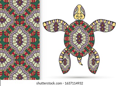 Decorative doodle turtle with ornament and colorful seamless hand drawn pattern. Tribal totem animal, isolated element for scrapbook, invitation card, book cover design, textile fabric print