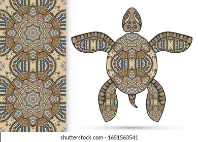 Decorative doodle turtle with ornament and colorful seamless hand drawn pattern. Tribal totem animal, isolated element for scrapbook, invitation card, book cover design, textile fabric print