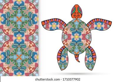 Decorative doodle turtle with ornament and colorful seamless hand drawn pattern. Tribal totem animal, isolated element for scrapbook, invitation card, book cover design, textile fabric print