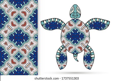 Decorative doodle turtle with ornament and colorful seamless hand drawn pattern. Tribal totem animal, isolated element for scrapbook, invitation card, book cover design, textile fabric print