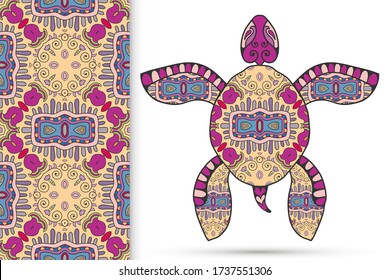 Decorative doodle turtle with ornament and colorful seamless hand drawn pattern. Tribal totem animal, isolated element for scrapbook, invitation card, book cover design, textile fabric print