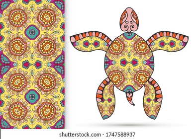 Decorative doodle turtle with ornament and colorful seamless hand drawn pattern. Tribal totem animal, isolated element for scrapbook, invitation card, book cover design, textile fabric print