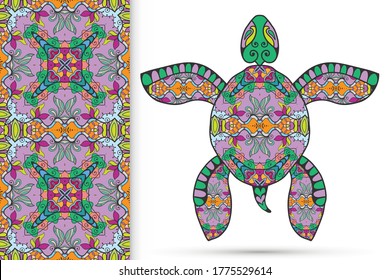 Decorative doodle turtle with ornament and colorful seamless hand drawn pattern. Tribal totem animal, isolated element for scrapbook, invitation card, book cover design, textile fabric print