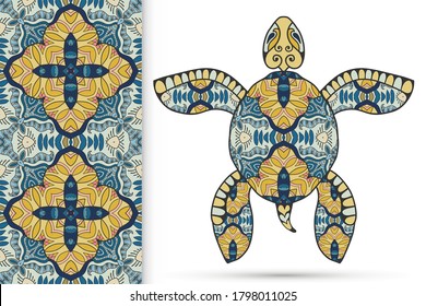 Decorative doodle turtle with ornament and colorful seamless hand drawn pattern. Tribal totem animal, isolated element for scrapbook, invitation card, book cover design, textile fabric print
