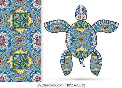 Decorative doodle turtle with ornament and colorful seamless hand drawn pattern. Tribal totem animal, isolated element for scrapbook, invitation card, book cover design, textile fabric print