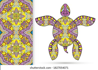 Decorative doodle turtle with ornament and colorful seamless hand drawn pattern. Tribal totem animal, isolated element for scrapbook, invitation card, book cover design, textile fabric print