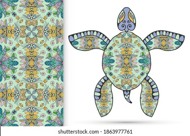 Decorative doodle turtle with ornament and colorful seamless hand drawn pattern. Tribal totem animal, isolated element for scrapbook, invitation card, book cover design, textile fabric print