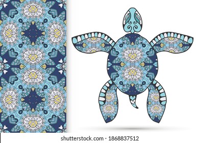 Decorative doodle turtle with ornament and colorful seamless hand drawn pattern. Tribal totem animal, isolated element for scrapbook, invitation card, book cover design, textile fabric print