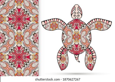 Decorative doodle turtle with ornament and colorful seamless hand drawn pattern. Tribal totem animal, isolated element for scrapbook, invitation card, book cover design, textile fabric print