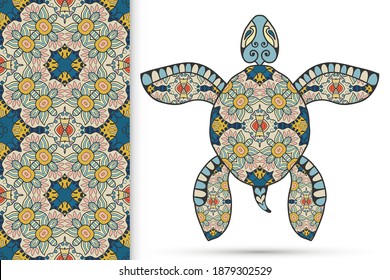 Decorative doodle turtle with ornament and colorful seamless hand drawn pattern. Tribal totem animal, isolated element for scrapbook, invitation card, book cover design, textile fabric print