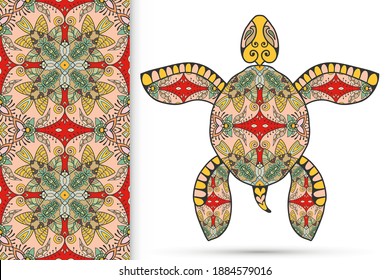 Decorative doodle turtle with ornament and colorful seamless hand drawn pattern. Tribal totem animal, isolated element for scrapbook, invitation card, book cover design, textile fabric print