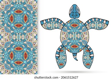 Decorative doodle turtle with ornament and colorful seamless hand drawn pattern. Tribal totem animal, isolated element for scrapbook, invitation card, book cover design, textile fabric print