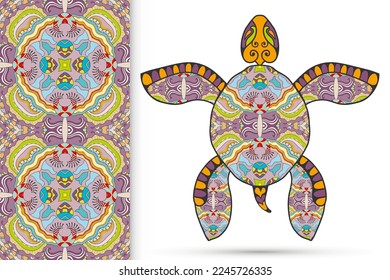 Decorative doodle turtle with ornament and colorful seamless hand drawn pattern. Tribal totem animal, isolated element for scrapbook, invitation card, book cover design, textile fabric print