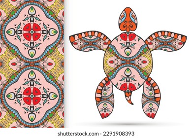 Tortuga de doodle decorativa con adorno y colorido estampado a mano sin costura. Animales de tótem tribal, elementos aislados para el libro de álbumes, tarjeta de invitación, diseño de portada de libros, impresión de tela textil