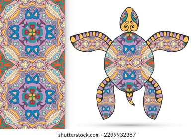 Decorative doodle turtle with ornament and colorful seamless hand drawn pattern. Tribal totem animal, isolated element for scrapbook, invitation card, book cover design, textile fabric print