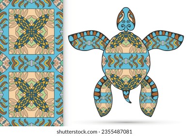 Dekorative Doodle-Schildkröte mit Ornamenten und farbenfrohen, nahtlosen, handgezeichneten Mustern. Tribal Totem Tier, Einzelelement für Scrapie, Einladungskarte, Buchcover-Design, Stoffdruck