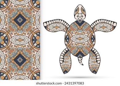 Decorative doodle turtle with ornament and colorful seamless hand drawn pattern. Tribal totem animal, isolated element for scrapbook, invitation card, book cover design, textile fabric print